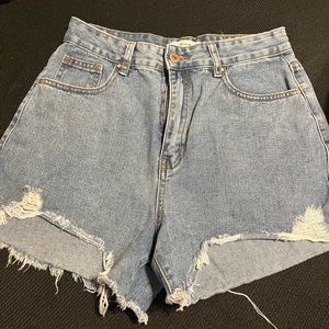 High rise blue denim shorts